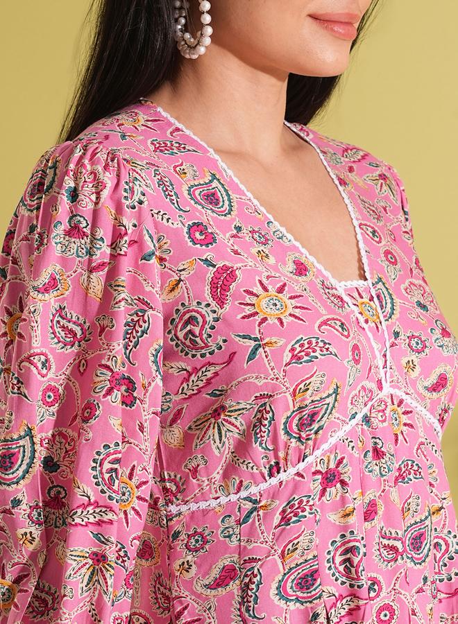 globus Pink Paisley Print Pleated A-Line Fusion Dress - Image 4