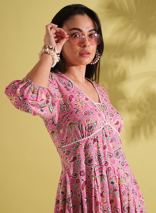 globus Pink Paisley Print Pleated A-Line Fusion Dress - Image 5