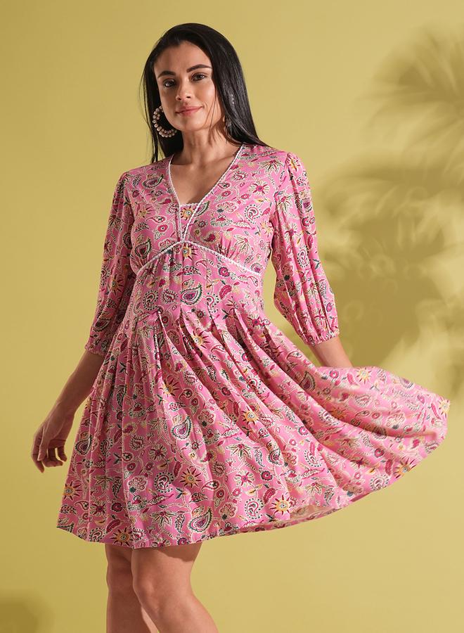 globus Pink Paisley Print Pleated A-Line Fusion Dress - Image 2