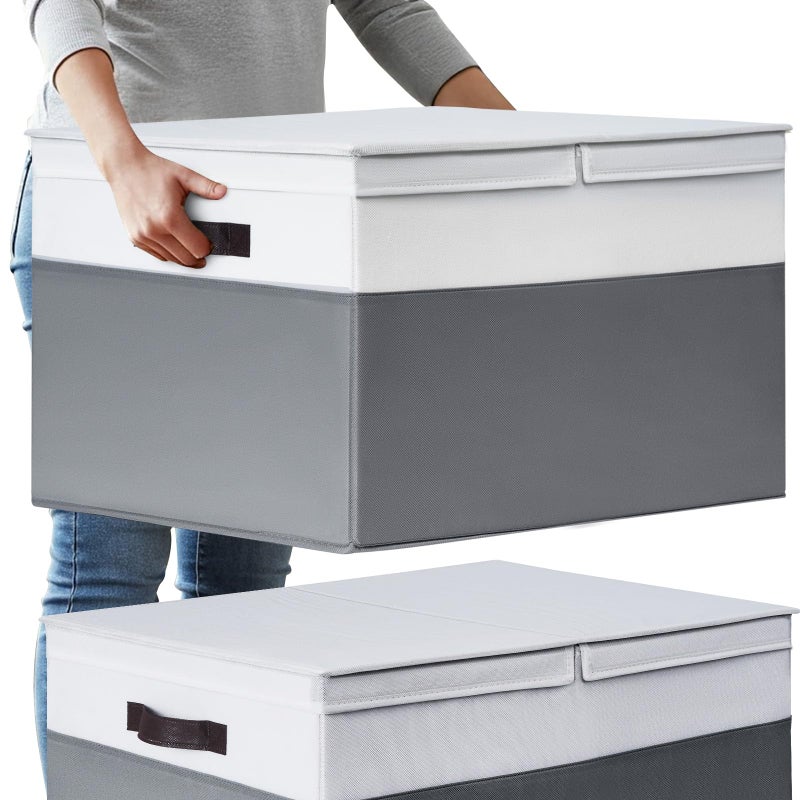 Criusia 2 Pack EXTRA LARGE Blanket Storage Baskets with Lids, 22â€x16â€x12â€ Closet Organizers Bins for Clothes Towel/ Storage Box with Lid Handles/ Stackable Decorative Fabric Bins for Living Room, Nursery - Image 1