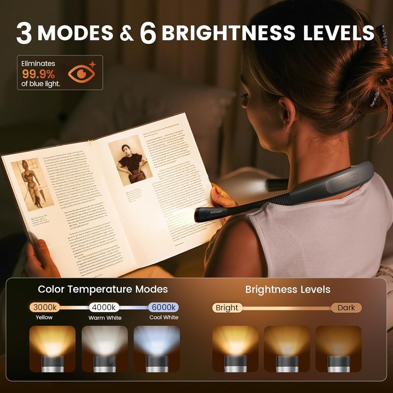 Glocusent Book Light, 3-Color & 6-Brightness Reading Light, Bendable Neck Light, 80-hr Lasting Rechargeable Book Light, Perfect Reading Lights for Books in Bed, Knitting, Repairing, Book Lovers Gifts - Image 2