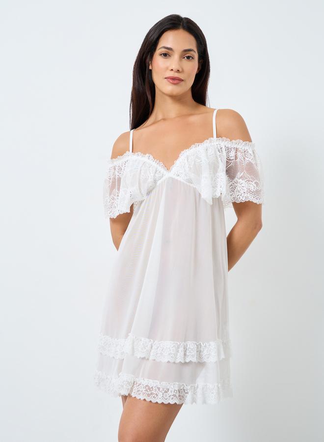 Take Two Solid Ruffle Lace Hem Cami Slip Dress - Image 1