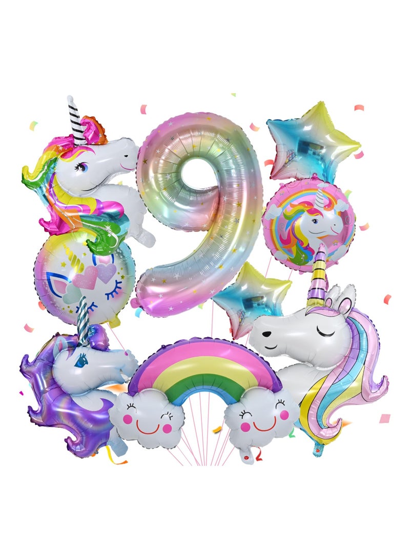 Unicorn Birthday Party Supplies 10 Pcs Include Number 9 Balloons and Foil Balloons Perfect for Girls 9th Birthday Celebration  - Image 1