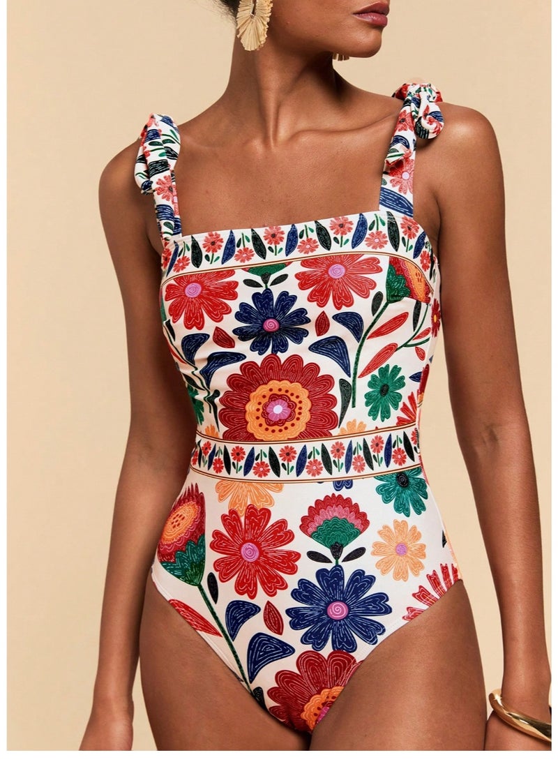 Shein 1pc Women's One-Piece Swimsuit,White Floral,Summer,Boho,Holiday,Vacation,Holiday,Spaghetti Strap,Floral Print,Elegant,,Party,Beach Dress,Red - Image 3