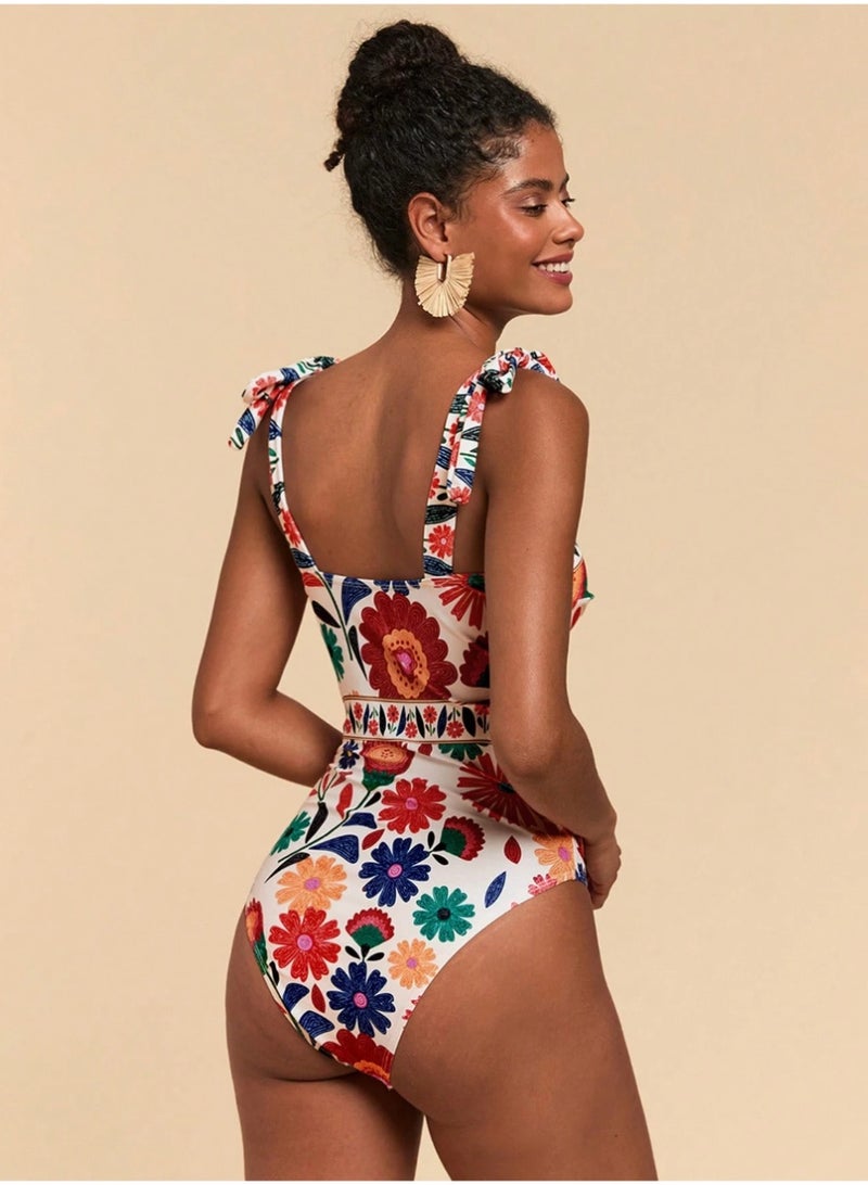 Shein 1pc Women's One-Piece Swimsuit,White Floral,Summer,Boho,Holiday,Vacation,Holiday,Spaghetti Strap,Floral Print,Elegant,,Party,Beach Dress,Red - Image 2