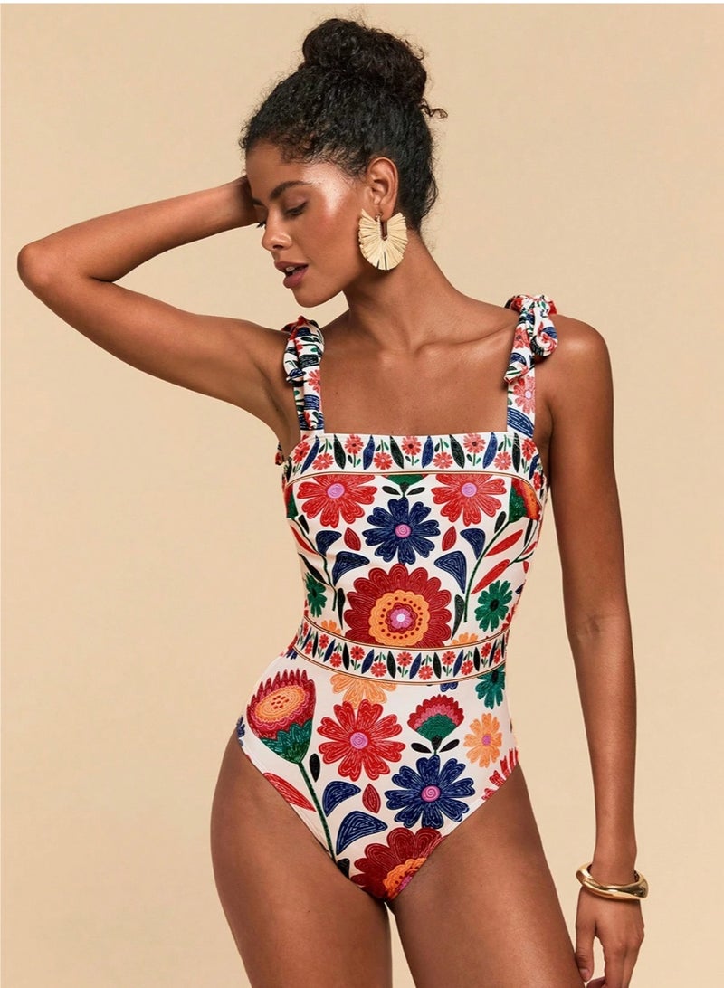 Shein 1pc Women's One-Piece Swimsuit,White Floral,Summer,Boho,Holiday,Vacation,Holiday,Spaghetti Strap,Floral Print,Elegant,,Party,Beach Dress,Red - Image 5