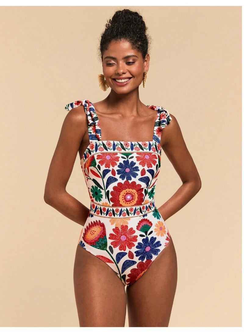Shein 1pc Women's One-Piece Swimsuit,White Floral,Summer,Boho,Holiday,Vacation,Holiday,Spaghetti Strap,Floral Print,Elegant,,Party,Beach Dress,Red - Image 1