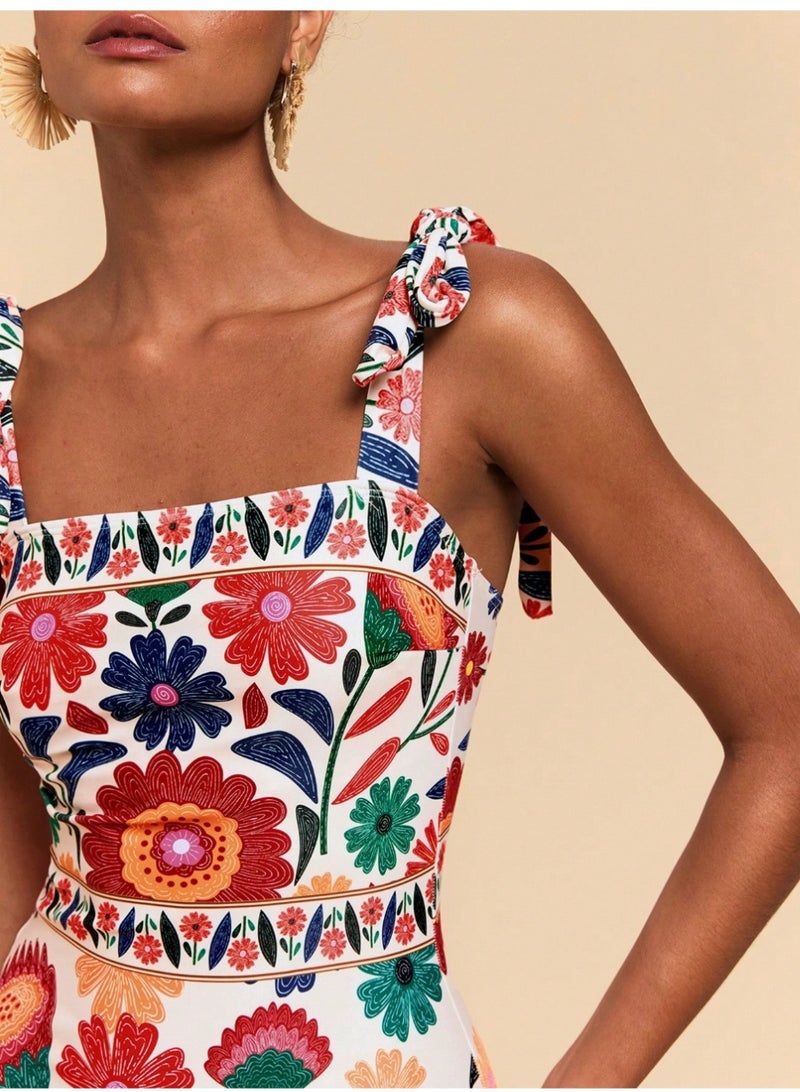 Shein 1pc Women's One-Piece Swimsuit,White Floral,Summer,Boho,Holiday,Vacation,Holiday,Spaghetti Strap,Floral Print,Elegant,,Party,Beach Dress,Red - Image 4