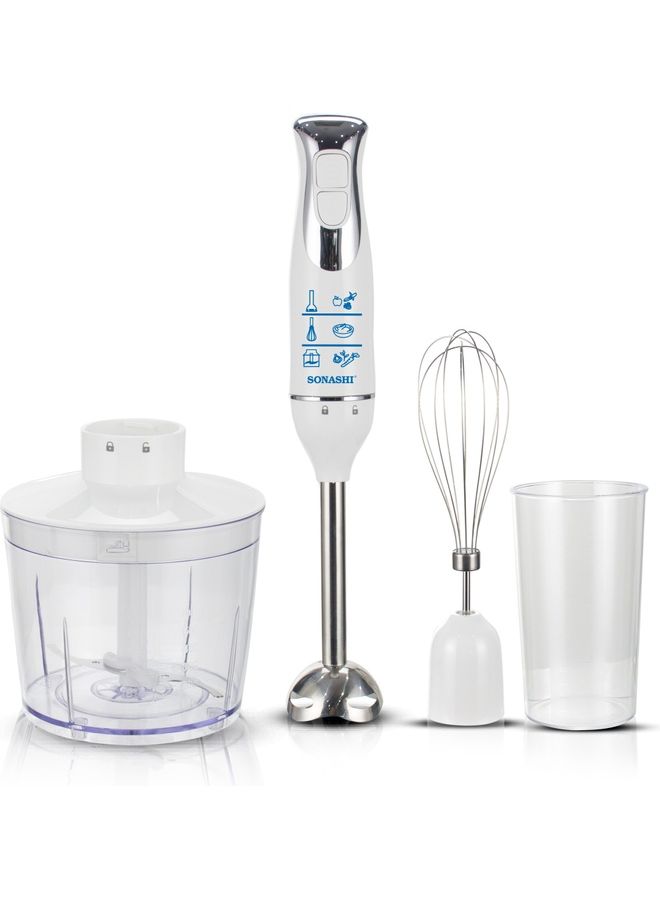 SONASHI 4-in-1 Hand Blender Chopper Whisker Mixer | Durable Stainless Steel Blade & Removable Stick | Comes with 700ml Plastic Jar, 500ml Chopper and Blending Wand | Power Watt 600 SHB-187JCW White - Image 4