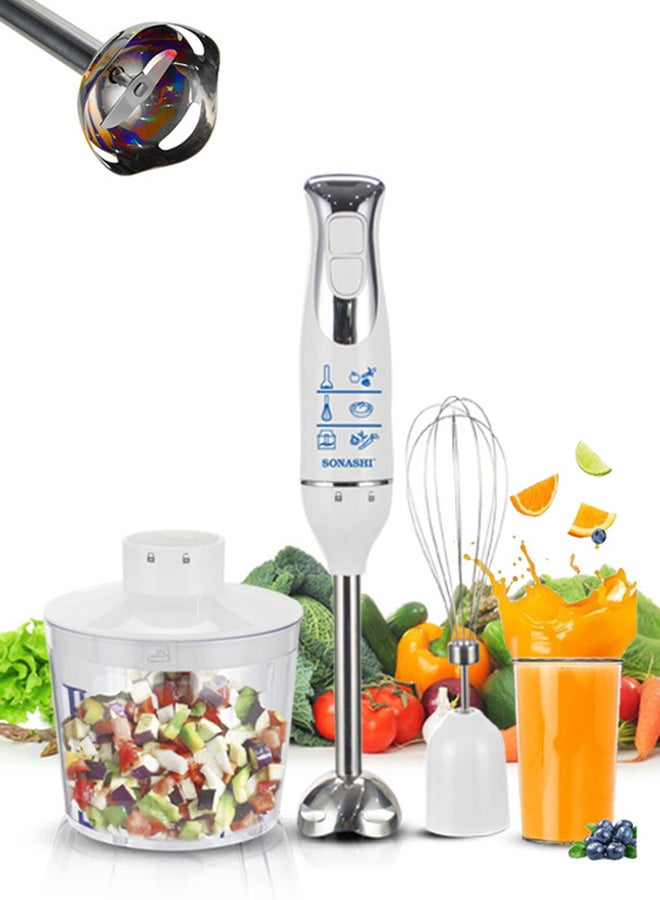 SONASHI 4-in-1 Hand Blender Chopper Whisker Mixer | Durable Stainless Steel Blade & Removable Stick | Comes with 700ml Plastic Jar, 500ml Chopper and Blending Wand | Power Watt 600 SHB-187JCW White - Image 1