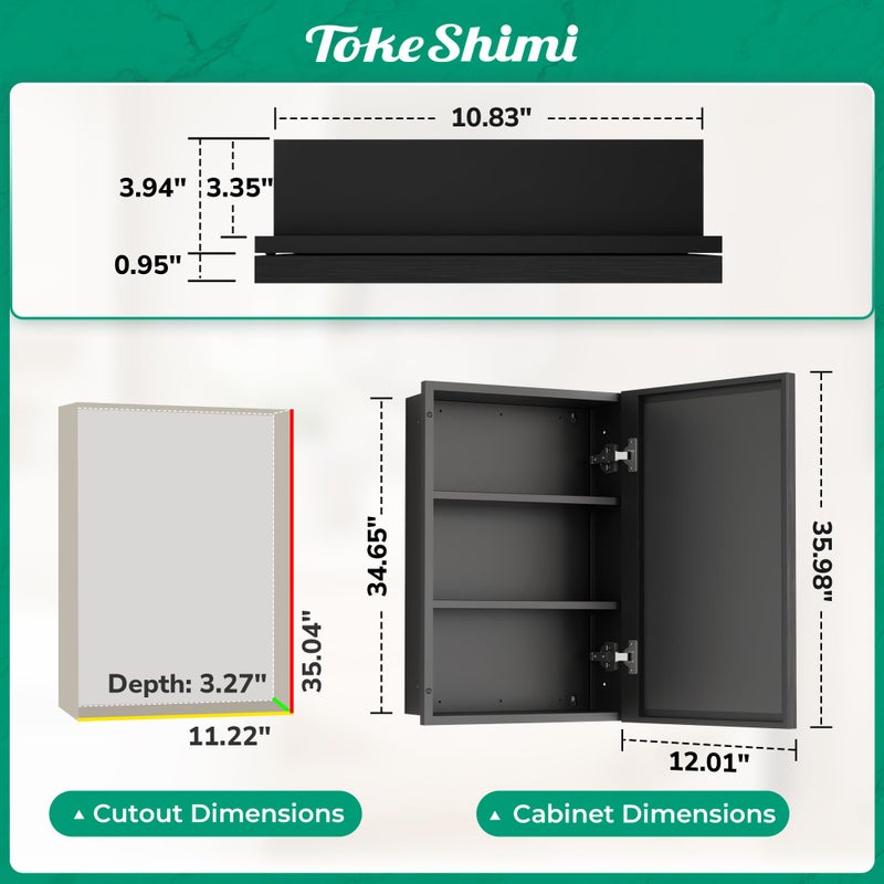 TokeShimi 12x36 Recessed Medicine Cabinet with Mirror Surface Mount, Aluminum Framed Metal Black Medicine Cabinet Mirrored, Bathroom Beveled Mirror with Storage Adjustable - Image 2