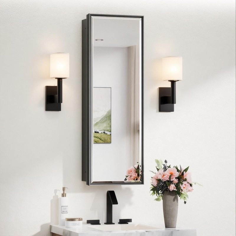 TokeShimi 12x36 Recessed Medicine Cabinet with Mirror Surface Mount, Aluminum Framed Metal Black Medicine Cabinet Mirrored, Bathroom Beveled Mirror with Storage Adjustable - Image 1