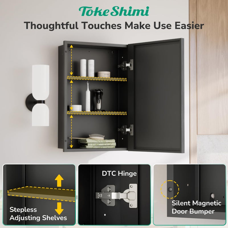TokeShimi 12x36 Recessed Medicine Cabinet with Mirror Surface Mount, Aluminum Framed Metal Black Medicine Cabinet Mirrored, Bathroom Beveled Mirror with Storage Adjustable - Image 5