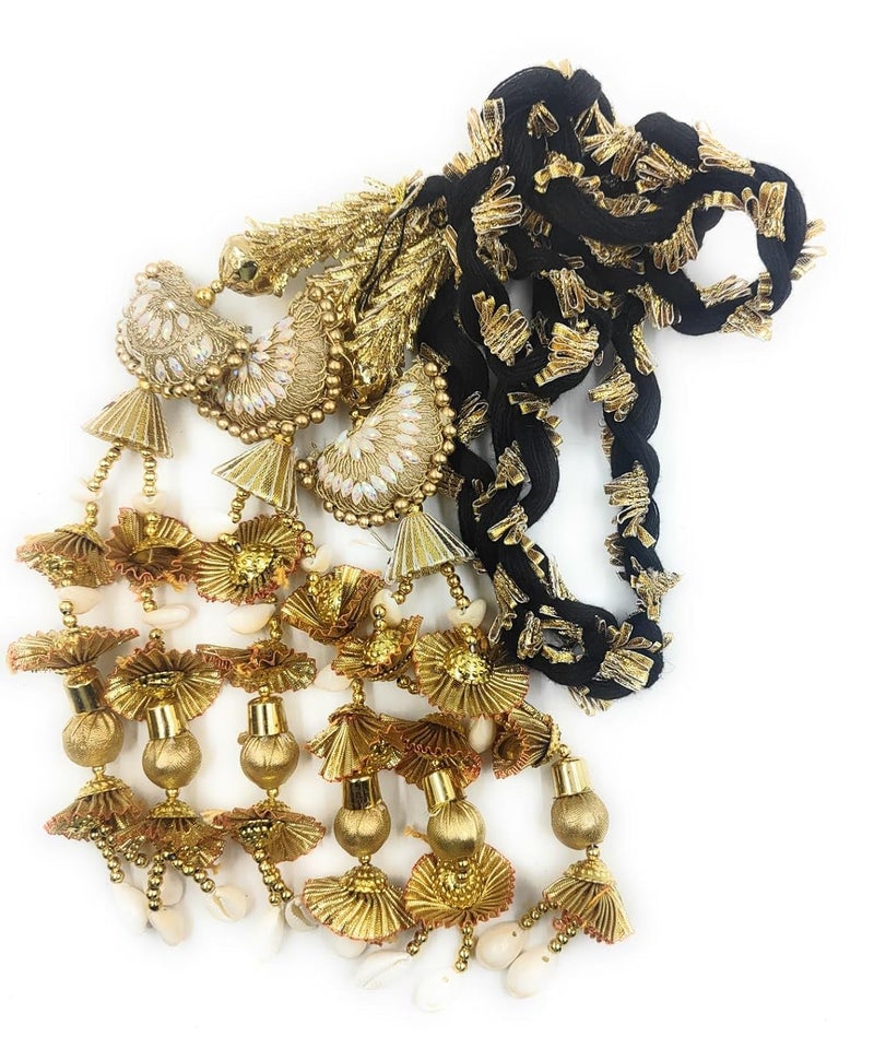 SIMKA ® Heavy Lace Design Parandi with Golden Gotapatti Dori/Hair Extension/Braid Tassles/Patiala Shahi Paranda/Jadai Billai/Hair accessories (Black Potli) - Image 2