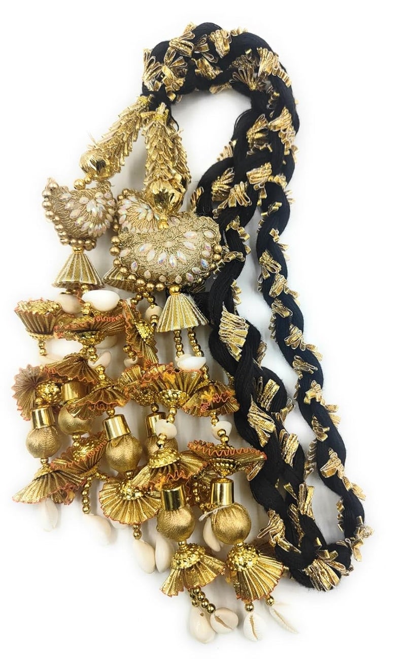 SIMKA ® Heavy Lace Design Parandi with Golden Gotapatti Dori/Hair Extension/Braid Tassles/Patiala Shahi Paranda/Jadai Billai/Hair accessories (Black Potli) - Image 4
