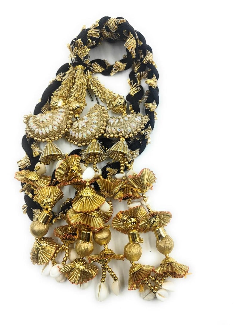 SIMKA ® Heavy Lace Design Parandi with Golden Gotapatti Dori/Hair Extension/Braid Tassles/Patiala Shahi Paranda/Jadai Billai/Hair accessories (Black Potli) - Image 1