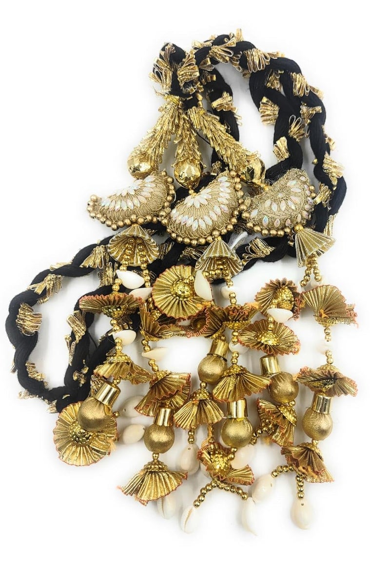 SIMKA ® Heavy Lace Design Parandi with Golden Gotapatti Dori/Hair Extension/Braid Tassles/Patiala Shahi Paranda/Jadai Billai/Hair accessories (Black Potli) - Image 3