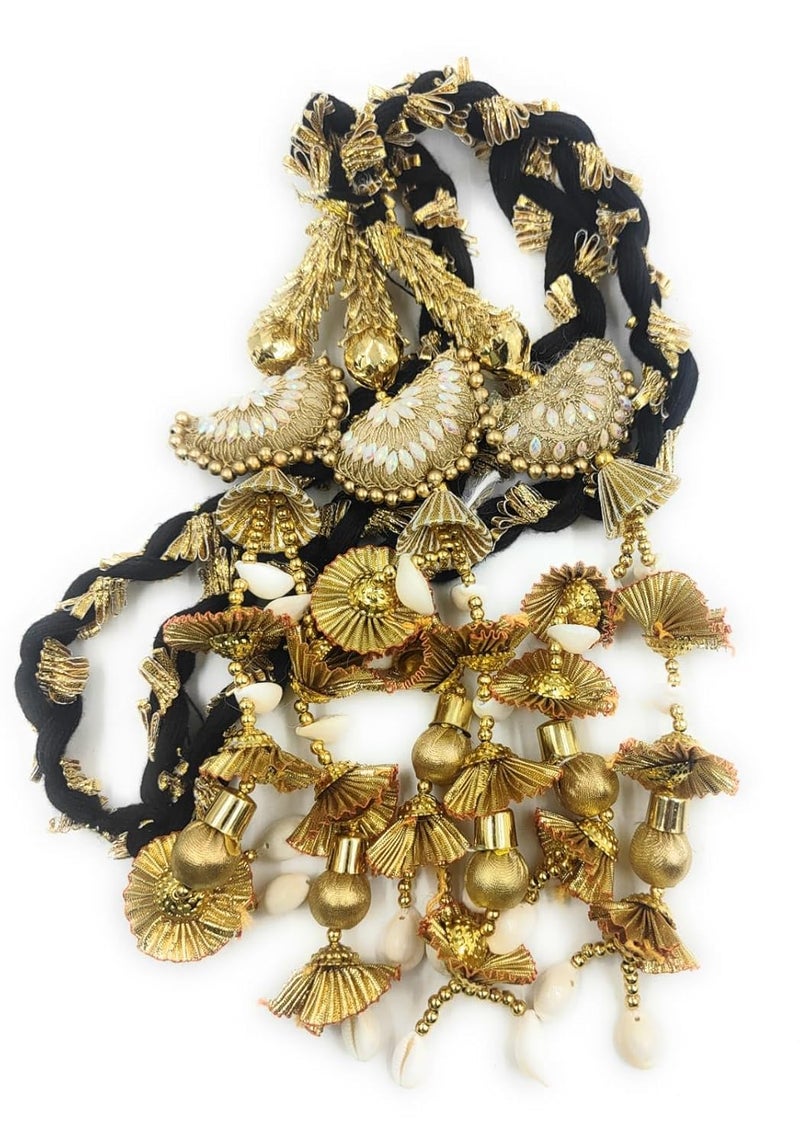 SIMKA ® Heavy Lace Design Parandi with Golden Gotapatti Dori/Hair Extension/Braid Tassles/Patiala Shahi Paranda/Jadai Billai/Hair accessories (Black Potli) - Image 5