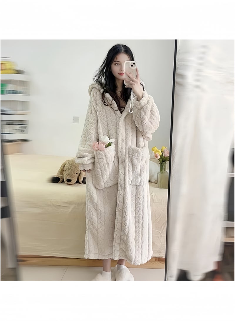 جيجيرو رداء حمام نسائي طويل من الصوف بغطاء للرأس، دافئ وسميك، مناسب للاستحمام في الشتاء، مصنوع من الفلانيل المحشو، مقاس واحد - Image 1