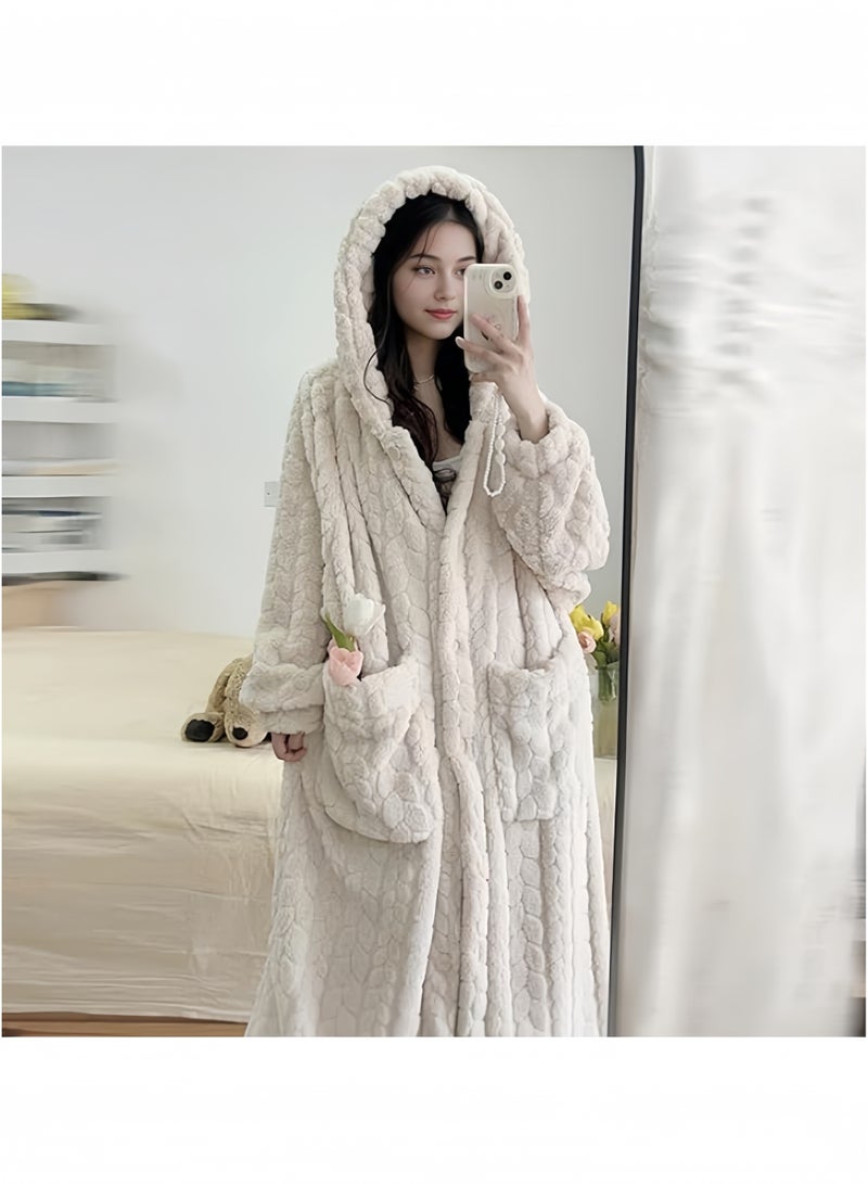 جيجيرو رداء حمام نسائي طويل من الصوف بغطاء للرأس، دافئ وسميك، مناسب للاستحمام في الشتاء، مصنوع من الفلانيل المحشو، مقاس واحد - Image 2