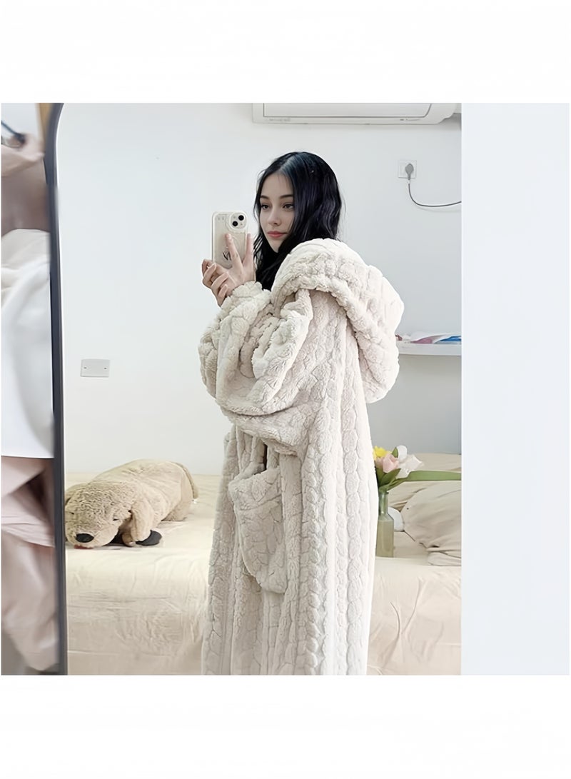 جيجيرو رداء حمام نسائي طويل من الصوف بغطاء للرأس، دافئ وسميك، مناسب للاستحمام في الشتاء، مصنوع من الفلانيل المحشو، مقاس واحد - Image 3