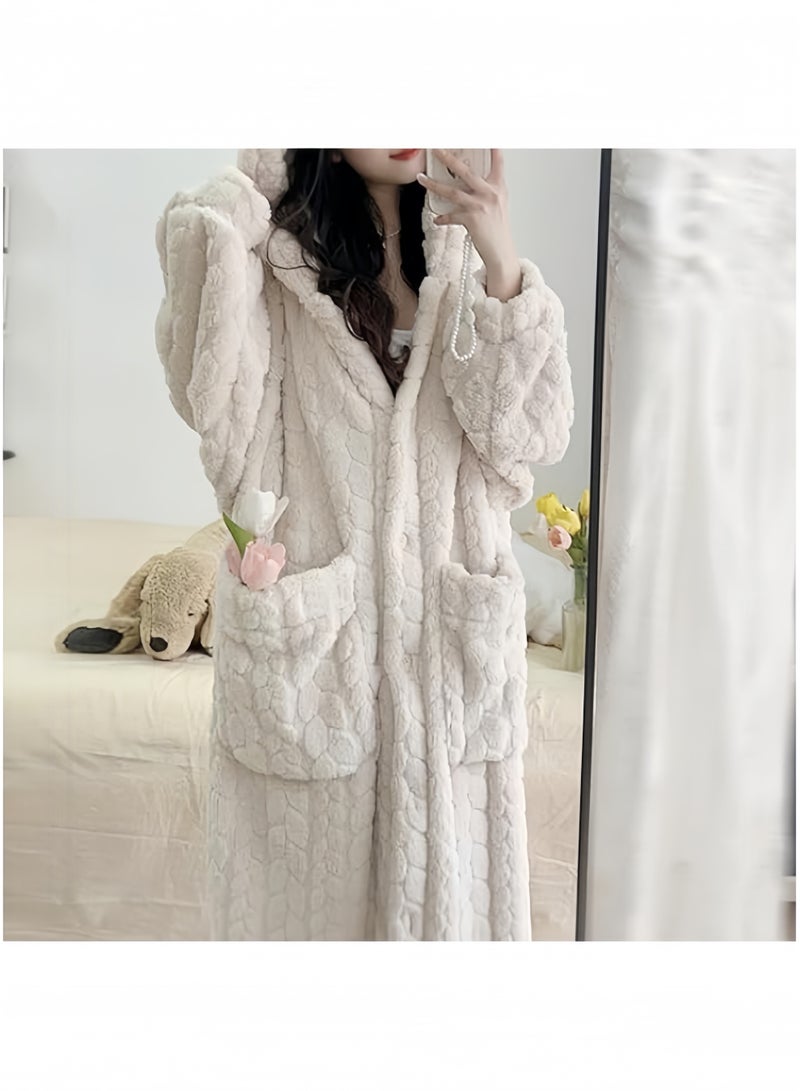 جيجيرو رداء حمام نسائي طويل من الصوف بغطاء للرأس، دافئ وسميك، مناسب للاستحمام في الشتاء، مصنوع من الفلانيل المحشو، مقاس واحد - Image 4