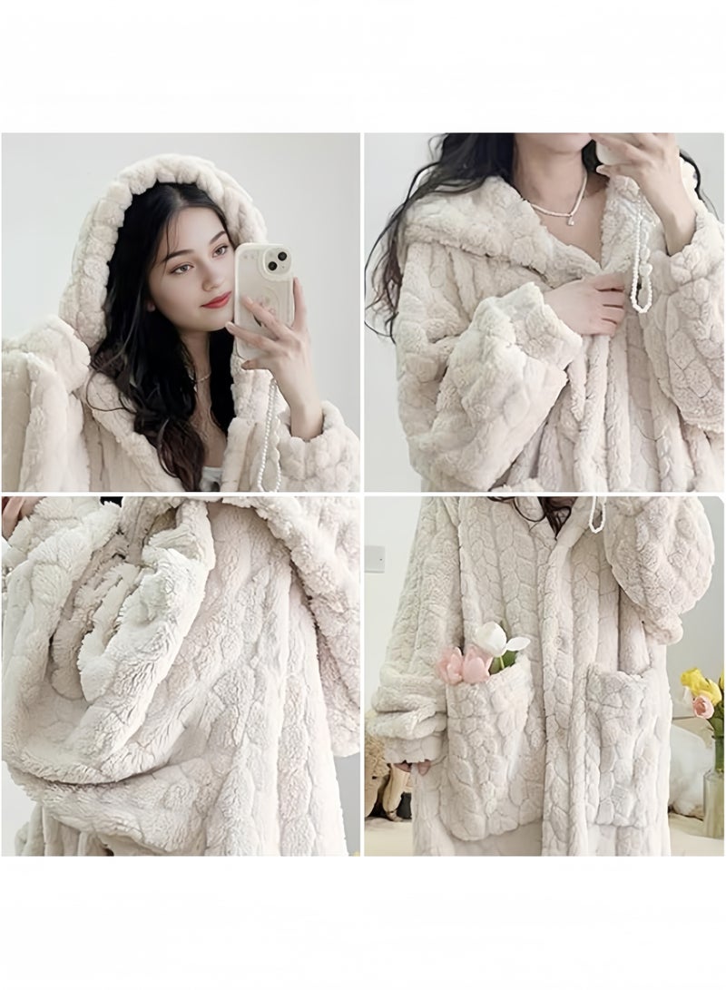 جيجيرو رداء حمام نسائي طويل من الصوف بغطاء للرأس، دافئ وسميك، مناسب للاستحمام في الشتاء، مصنوع من الفلانيل المحشو، مقاس واحد - Image 5