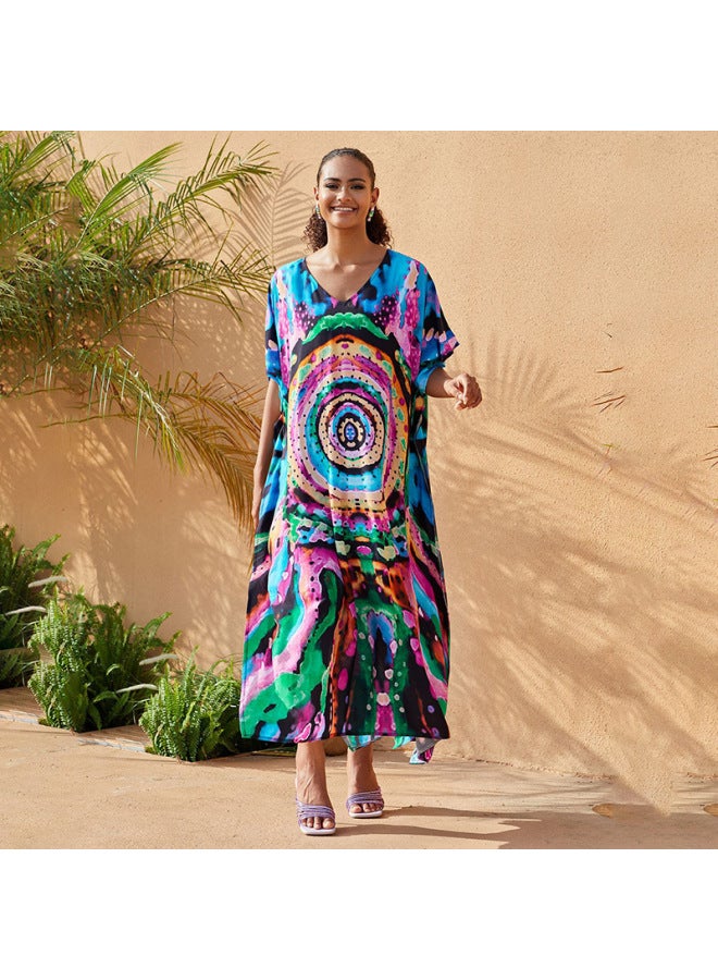 Loquat 2024 European And American Rayon Beach Blouse V-neck Robe Vacation Bikini Swimsuit Sun Protection Shirt Coat-Color:71127-2 Circle Ink *- - Image 1