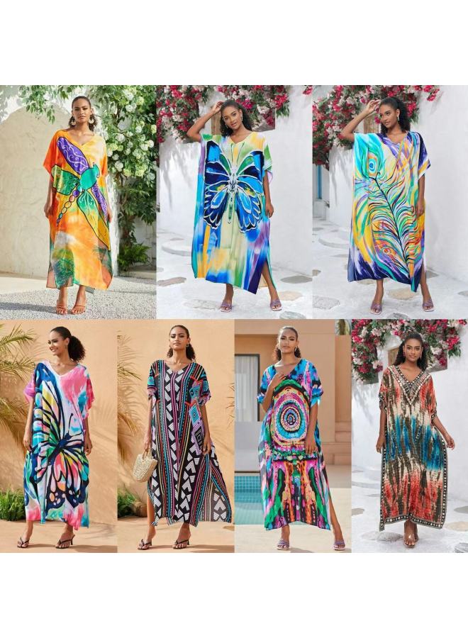 Loquat 2024 European And American Rayon Beach Blouse V-neck Robe Vacation Bikini Swimsuit Sun Protection Shirt Coat-Color:71127-2 Circle Ink *- - Image 2