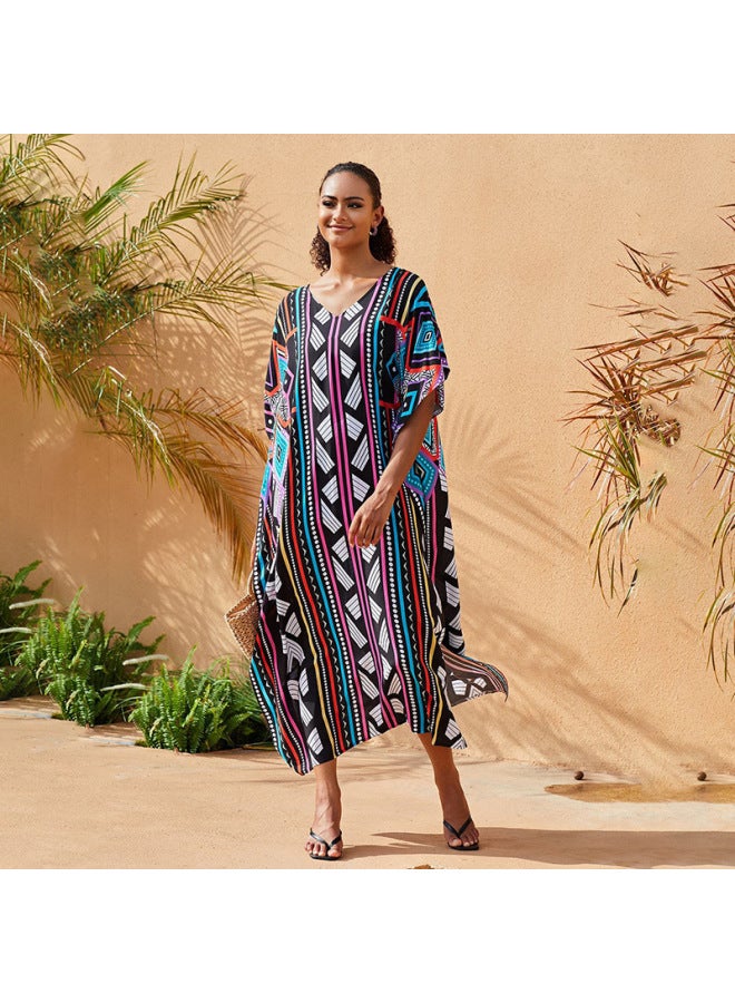 Loquat 2024 European And American Rayon Beach Blouse V-neck Robe Vacation Bikini Swimsuit Sun Protection Shirt Coat-Color:71127-2 Circle Ink *- - Image 3