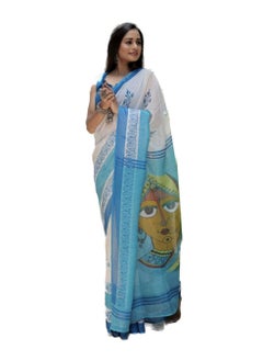 White Cotton Saree With Blue Printed Border And Traditional Print On Pallu With Unstitched Blouse