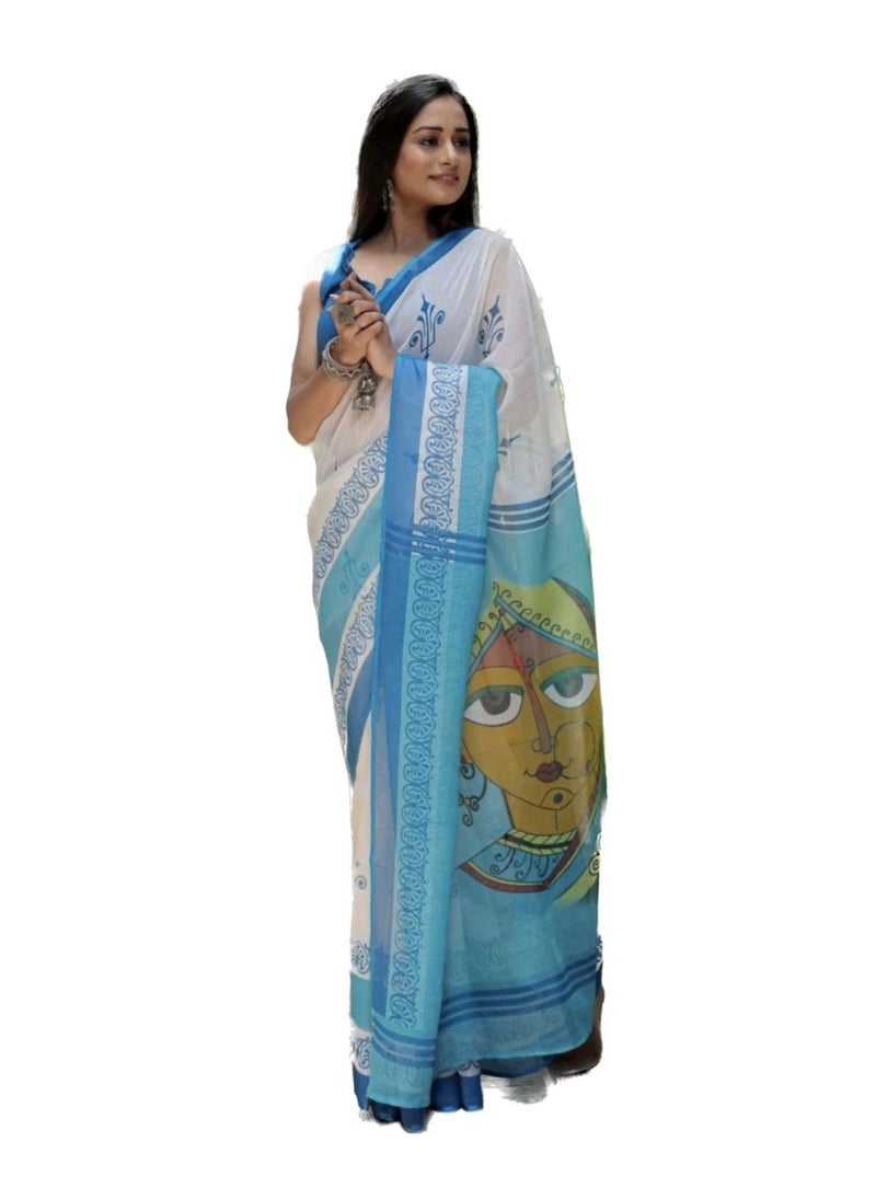 Grab Mantra - White Cotton Saree With Blue Printed Border And Traditional Print On Pallu With Unstitched Blouse - Image 1
