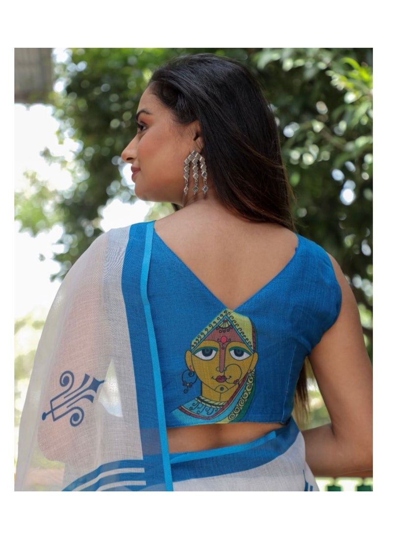 Grab Mantra - White Cotton Saree With Blue Printed Border And Traditional Print On Pallu With Unstitched Blouse - Image 1