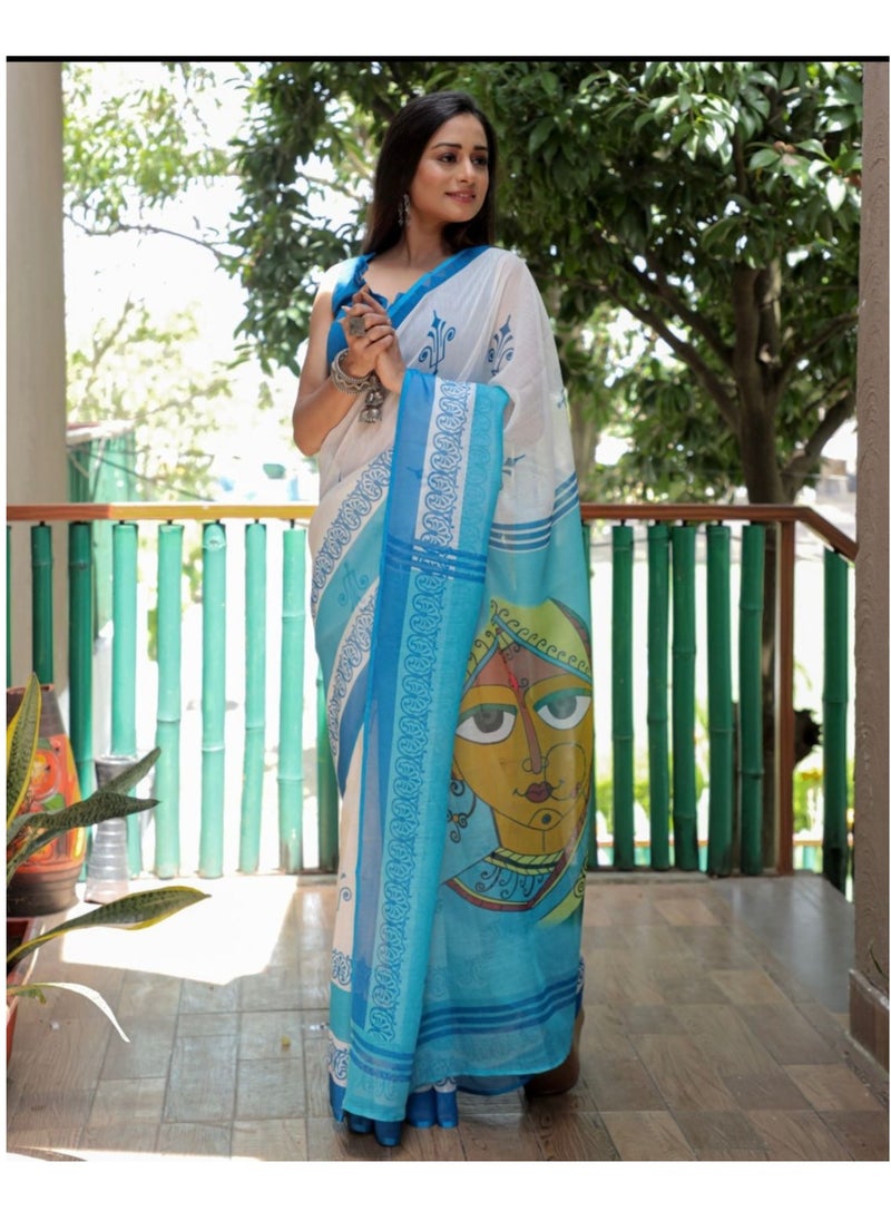 Grab Mantra - White Cotton Saree With Blue Printed Border And Traditional Print On Pallu With Unstitched Blouse - Image 1