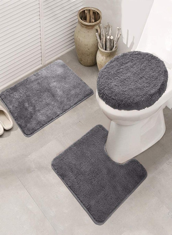 MIFXIN 3 Pieces Bathroom Rugs Set, Luxury Soft Chenille Bath Mats Set, Absorbent Shaggy Anti-Slip Bath Rugs, U-Shaped Toilet Mat + Shower Floor Mat +Toilet Lid Cover (Grey) - Image 2