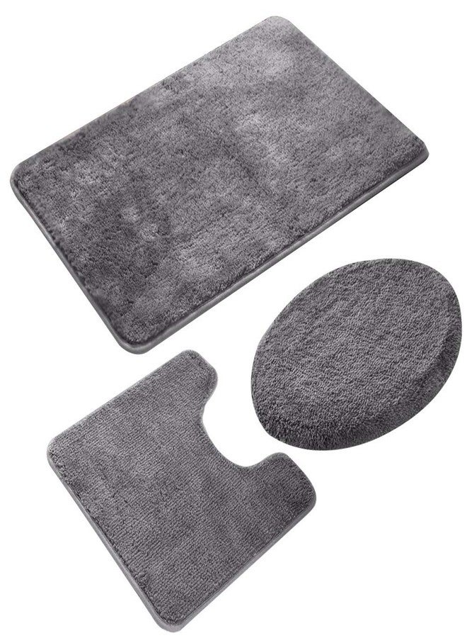 MIFXIN 3 Pieces Bathroom Rugs Set, Luxury Soft Chenille Bath Mats Set, Absorbent Shaggy Anti-Slip Bath Rugs, U-Shaped Toilet Mat + Shower Floor Mat +Toilet Lid Cover (Grey) - Image 1