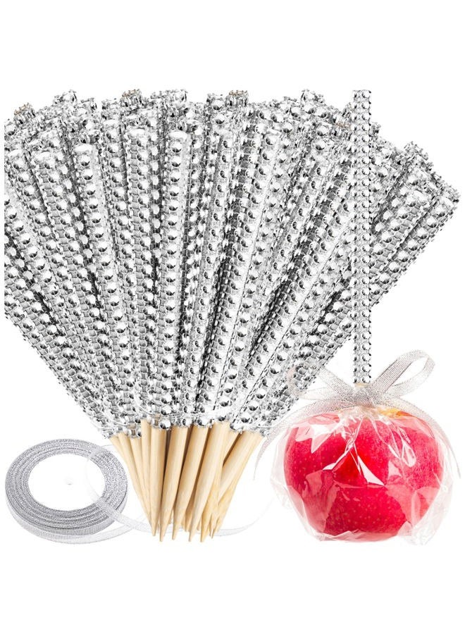 ZHBDMGK 24 Pack Bling Candy Apple Bamboo Sticks, Caramel Apple Wooden Pointed Skewers, Fruit Treats Cake Pop Decorative Sticks with Glass Bag Glitter Ribbons Tie for Party Supplies - Image 1