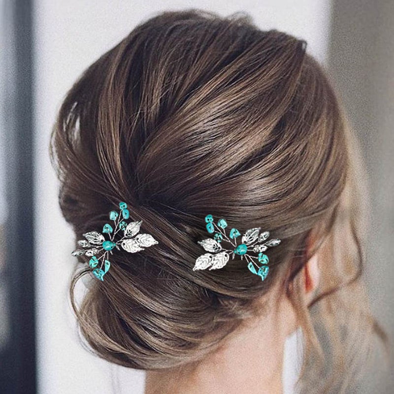 JEAIRTS Bridal Turquoise Hair Pins Silver Western Wedding Hair Accessories for Women - Image 2