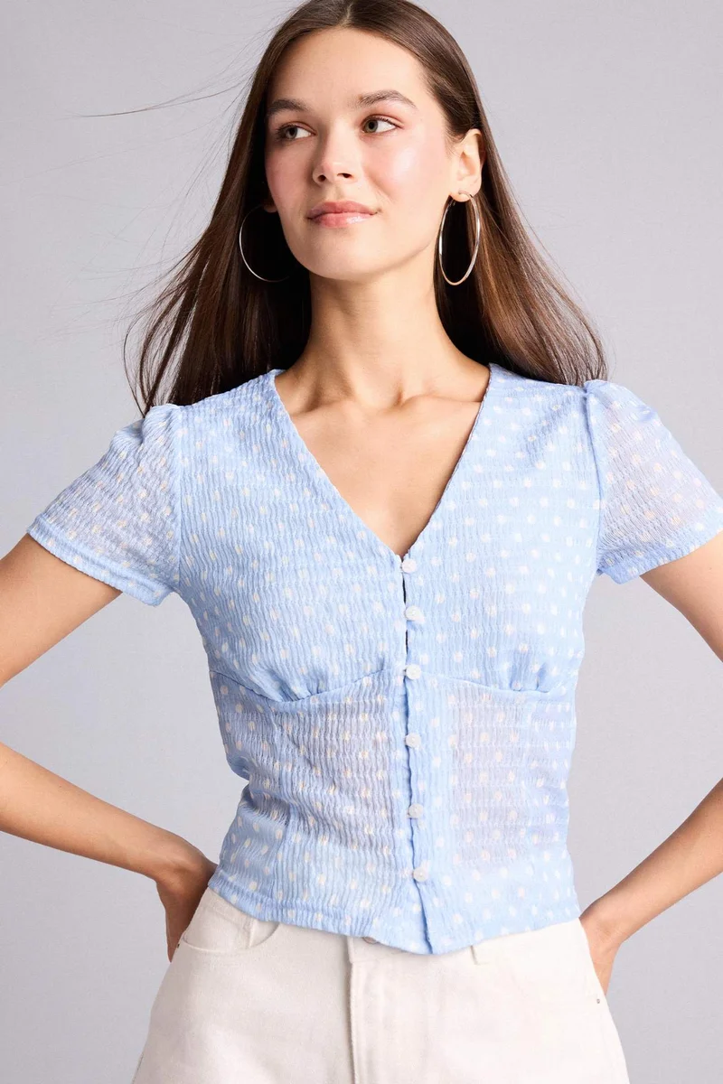 DeFacto Slim Fit V-Neck Flower Short Sleeve Blouse
