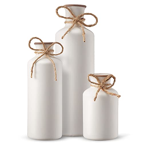 Gunlar 3Pcs Ceramic Vases, Rustic Decorative Flower Vases Set for Modern Farmhouse Decoration, Living Room Centerpieces and Events, Table, Bookshelf, Mantel and Entryway Decor (White) - Image 1