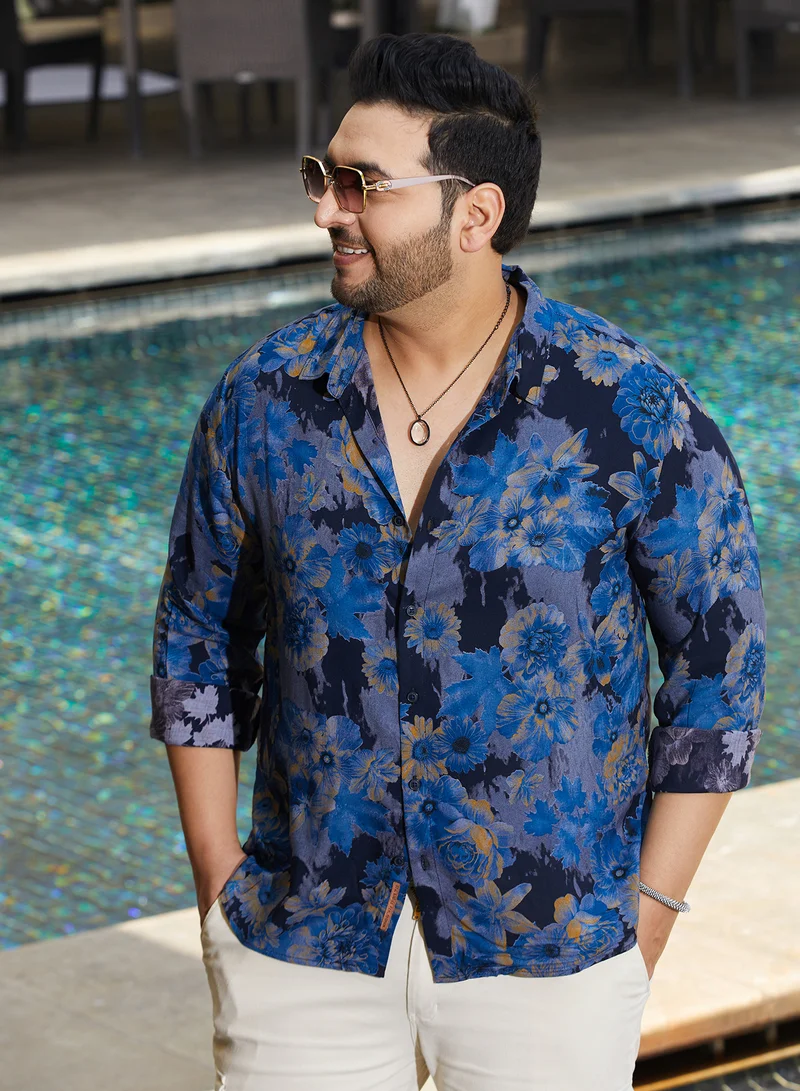 انستافاب بلس قميص رجالي أزرق لازوردي بنقشة زهور ثنائية اللون مقاس بلس للملابس الكاجوال بياقة ممتدة وأكمام طويلة بأزرار