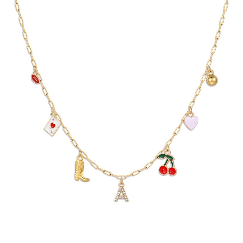 Korotho Cowgirl Necklace Cherry Initial Charm Necklaces for Women, Summer Beach Jewelry A Necklace Gold Charms Pendant Boho Necklaces Western Cowgirl Boot Cherry Heart Charm Jewelry Gifts (A) - Image 1