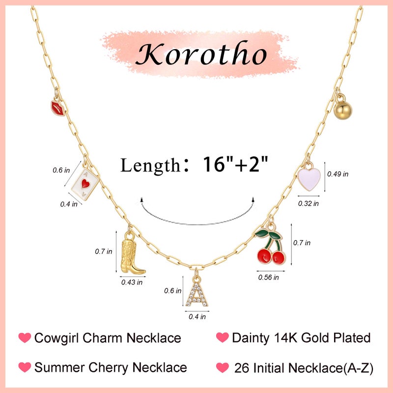 Korotho Cowgirl Necklace Cherry Initial Charm Necklaces for Women, Summer Beach Jewelry A Necklace Gold Charms Pendant Boho Necklaces Western Cowgirl Boot Cherry Heart Charm Jewelry Gifts (A) - Image 5