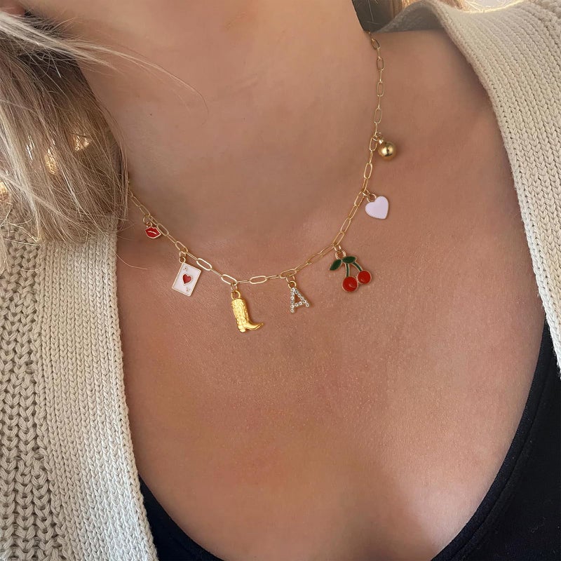Korotho Cowgirl Necklace Cherry Initial Charm Necklaces for Women, Summer Beach Jewelry A Necklace Gold Charms Pendant Boho Necklaces Western Cowgirl Boot Cherry Heart Charm Jewelry Gifts (A) - Image 4