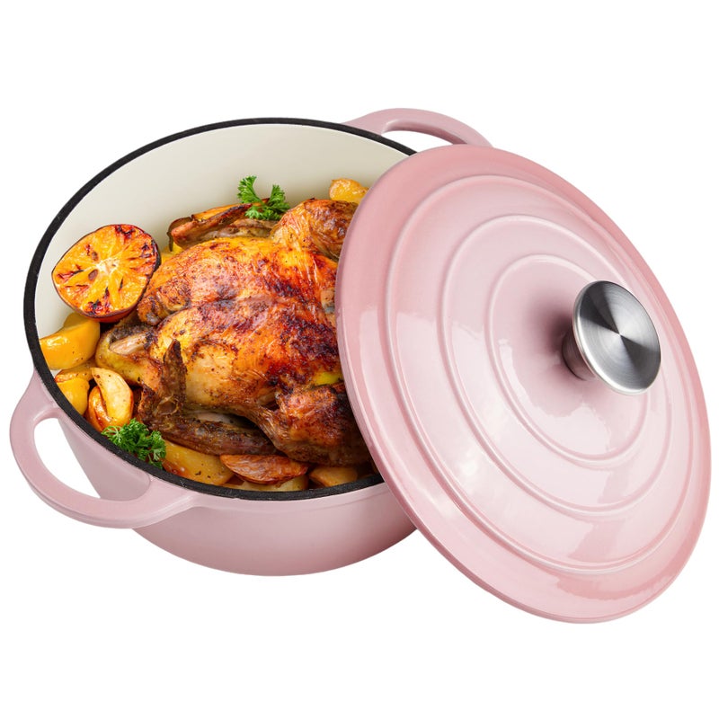 3 Quart Dutch Oven Enameled Cast Iron with Lid Big Dual Handles Oven Safe up to 500F Classic Round Pot for Versatile Cooking Pink