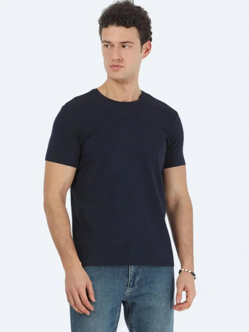 Kip Navy Blue Crew Neck Cotton Blended T-Shirt