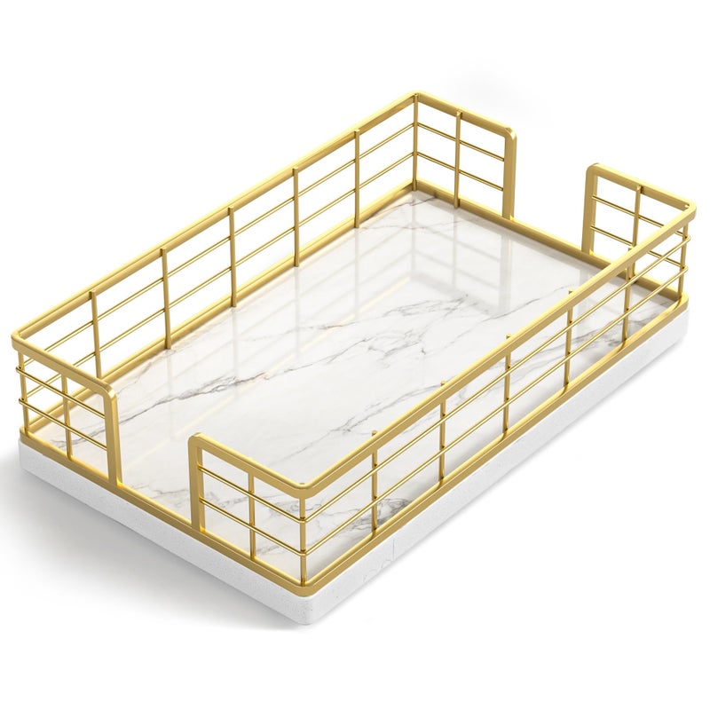 Wican Marble Guest Towel Holder Tray for Bathroom, Napkins Holder for Powder Room Dinning Table Wooden Basket for Disposable Paper Hand Towels Gold and Marble White - Image 1