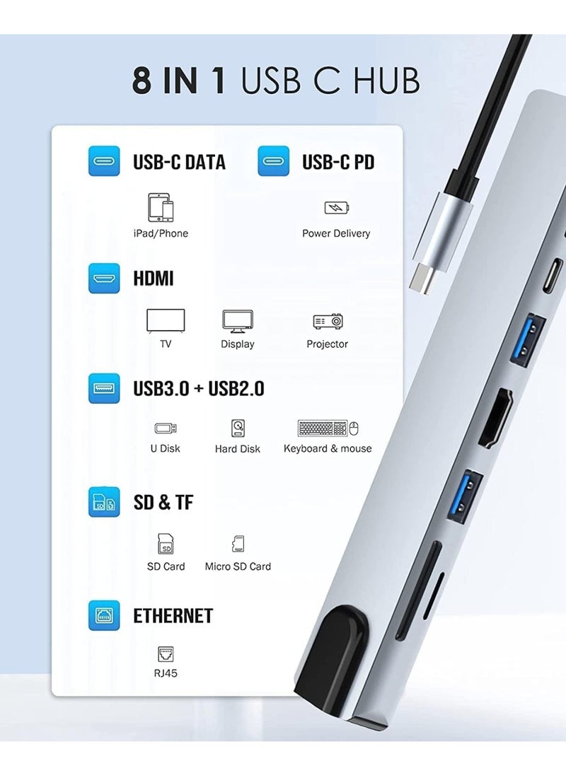 USB C Hub, 8 in 1 Type C Hub Multiport Adapter with 4K HDMI, PD Power Delivery, USB-C, Ethernet, 2 USB, SD/TF Card Reader Compatible with Mac Book Pro XPS and More Type C Devices
