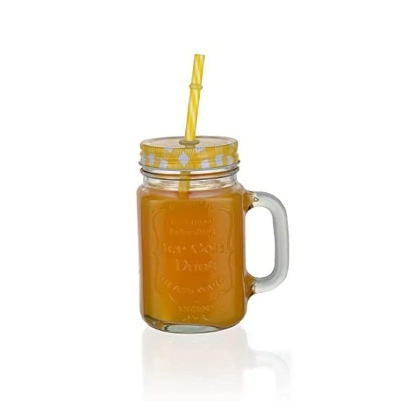 A Center Glass Mason jar with Reusable Straw, 500 ml, Yellow - Image 2