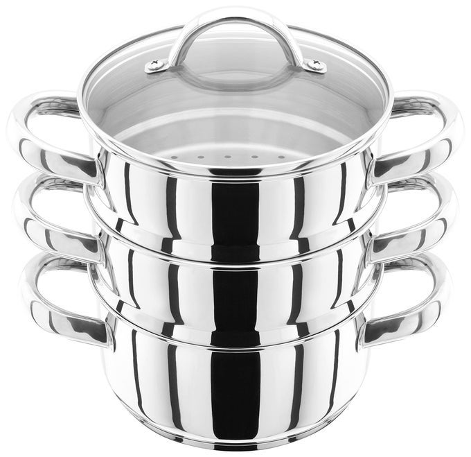 STAINLESS STEEL 3 TIER STEAMER SET WITH 16CM 600ML CASSEROLE 2 STEAMERS AND LID INDUCTION READY GIFT BOXED